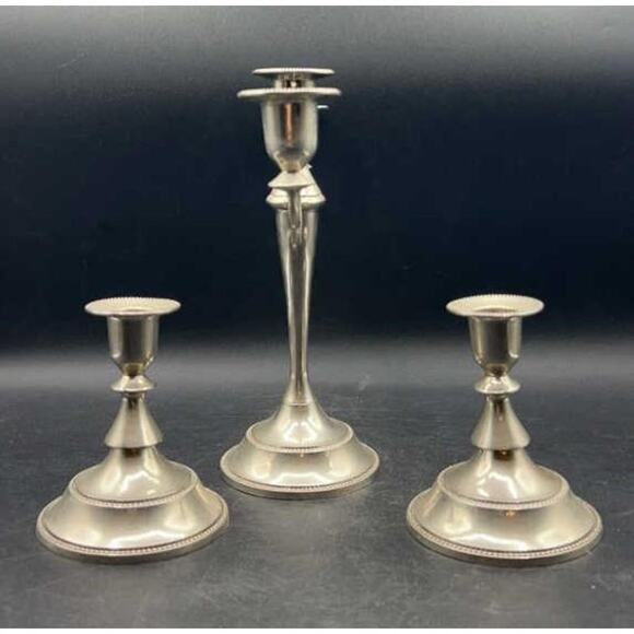 Vintage Silver-Plated 3-Pc Candle Holder Set 3-Arm Candelabra & 2 Single Holders - Picture 3 of 10
